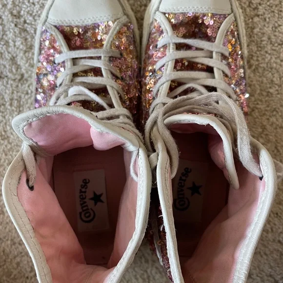 RARE VINTAGE CONVERSE PINK SEQUIN AND LEATHER HI TOP SNEAKERS HARD TO FIND. 8 US - Picture 7 of 9